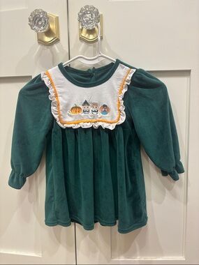 Girls Long-Sleeve Velvet Dress Top Forest Green with White Bib and cross stitch